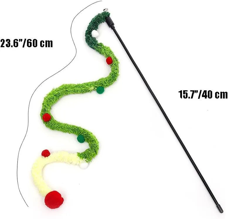 Interactive cat wand toy with colourful plush strip and bell for indoor feline play
