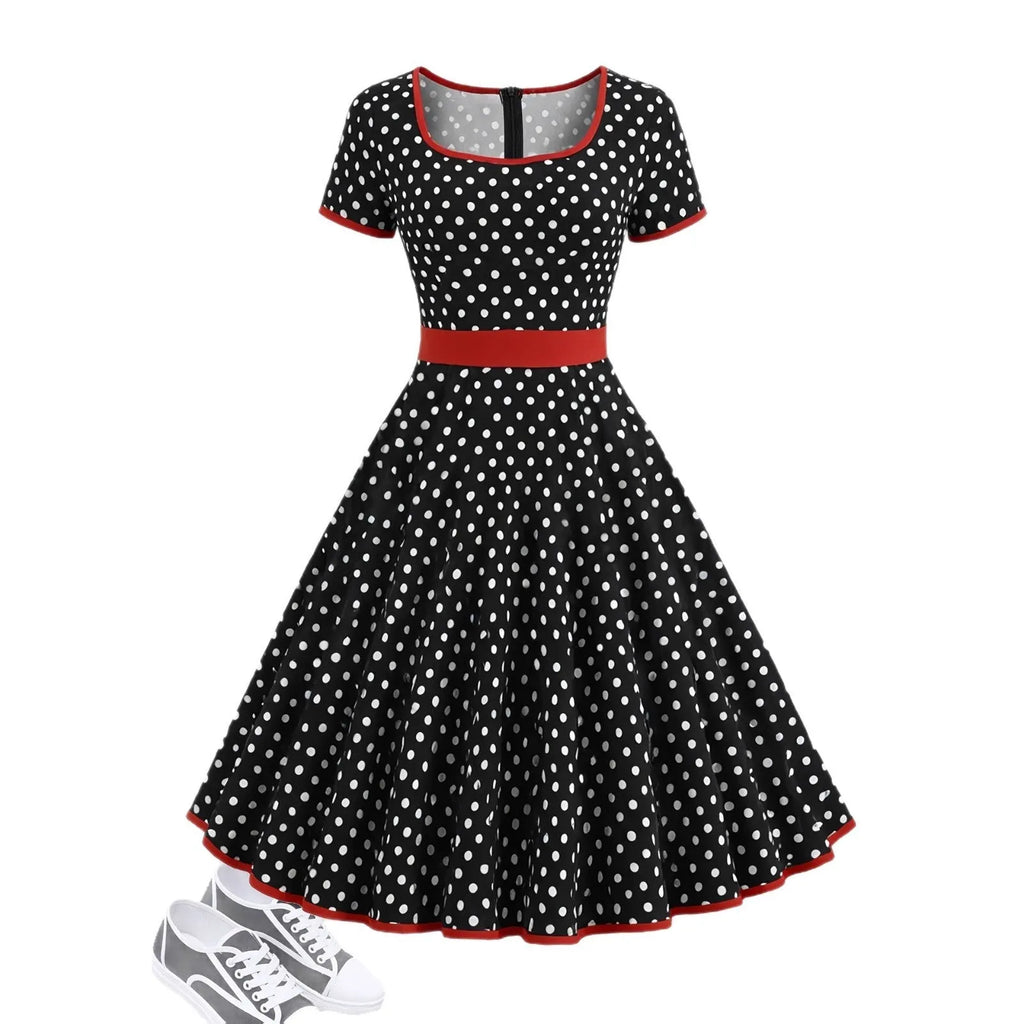 Women's polka dot pleated midi dress with square collar and front zipper closure