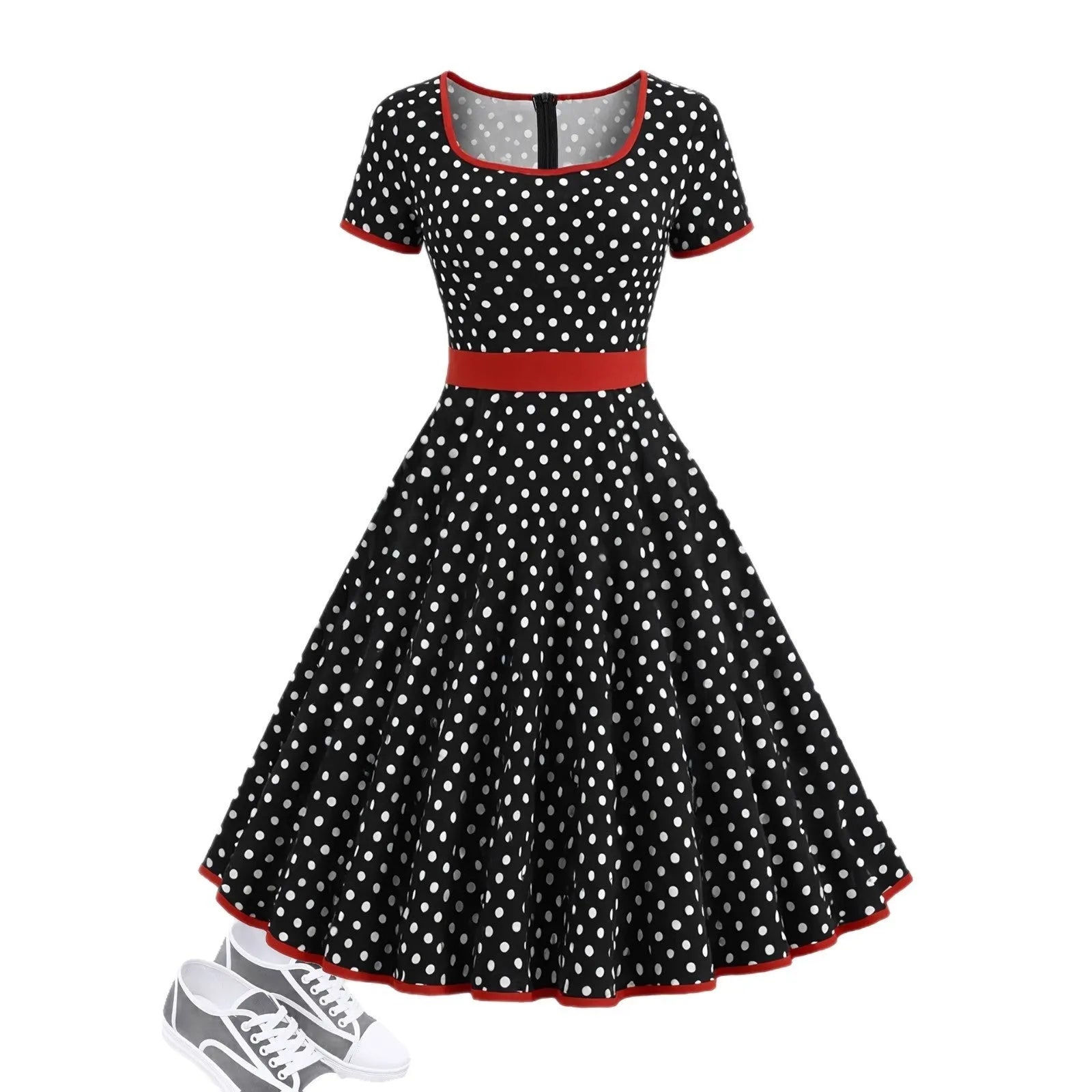 Women's polka dot pleated midi dress with square collar and front zipper closure