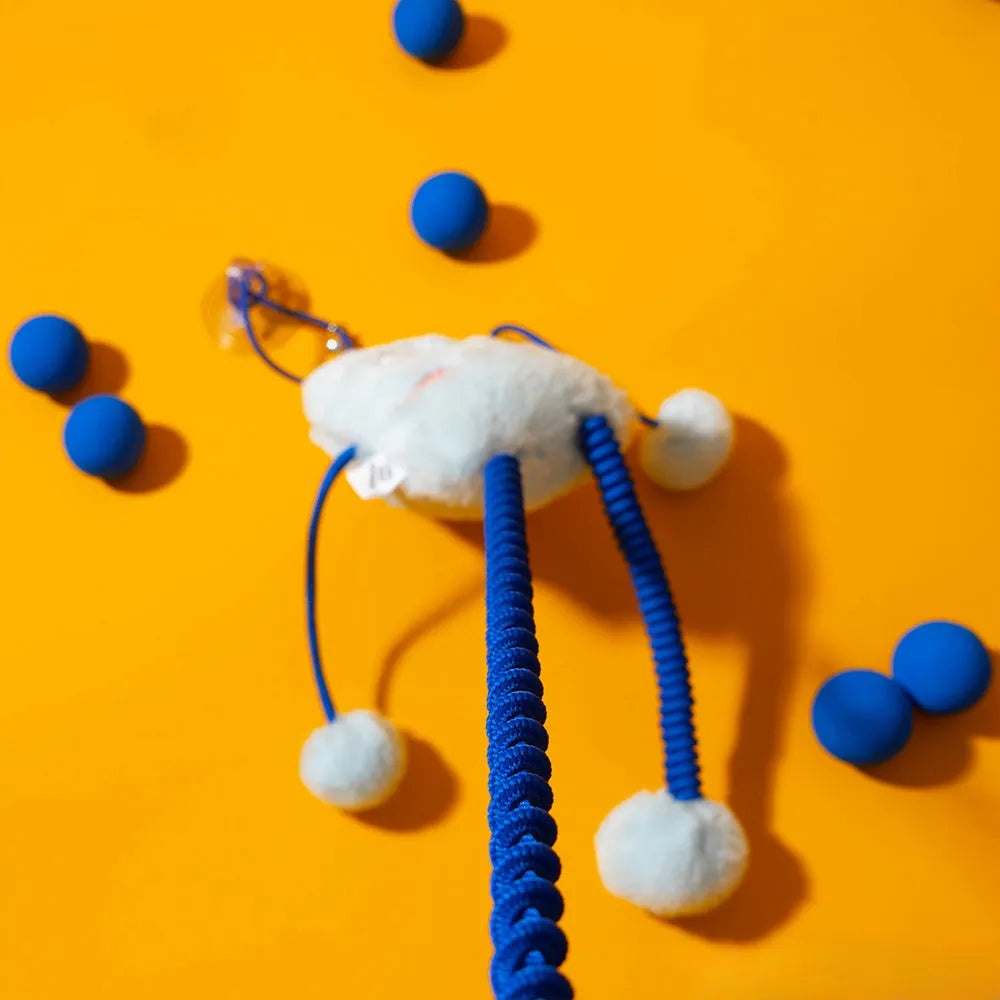 Blue plush telescopic elastic cat toy with a metal mint bell on a 30cm elastic rope.