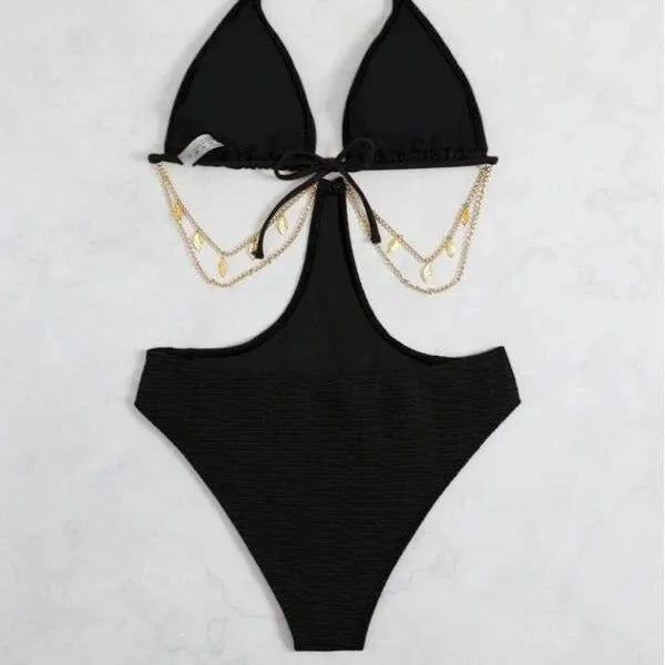 Women's black bikini swimsuit with chain detail, made from polyester fabric.