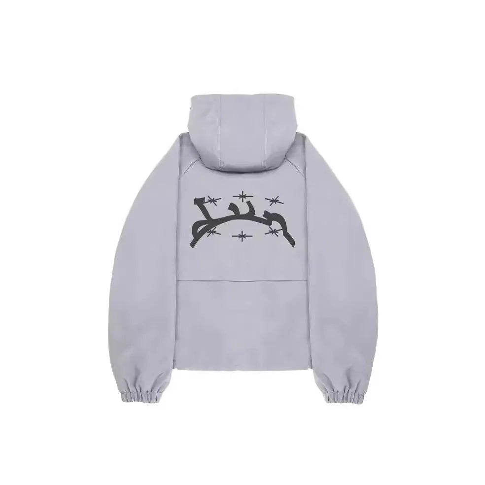 Men's loose fit grey hooded sunscreen jacket showing front view with polyester fabric texture detail