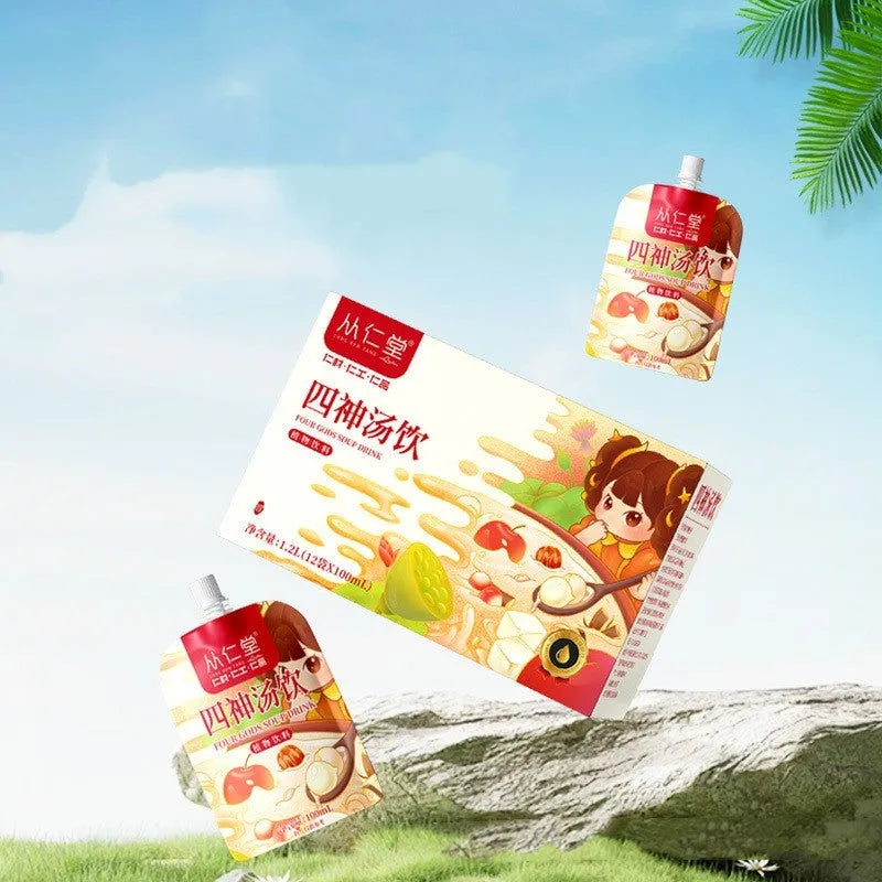Box of children's herbal spleen and stomach tea with twelve 100ml bags of lotus seed, poria, and yam decoction.