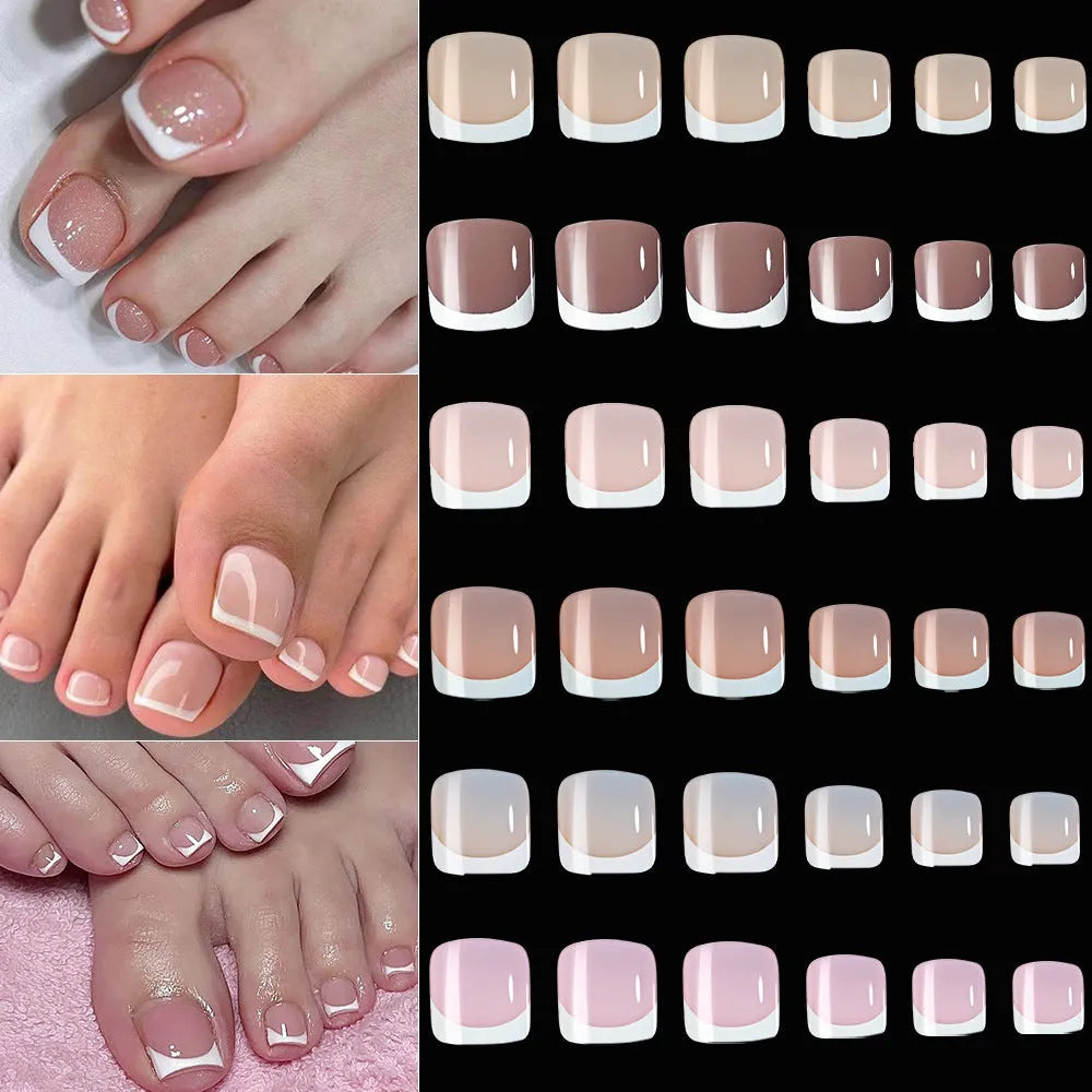 Box of 120 short square false toenails with French white tips, showing nine nude colour options from light to dark.