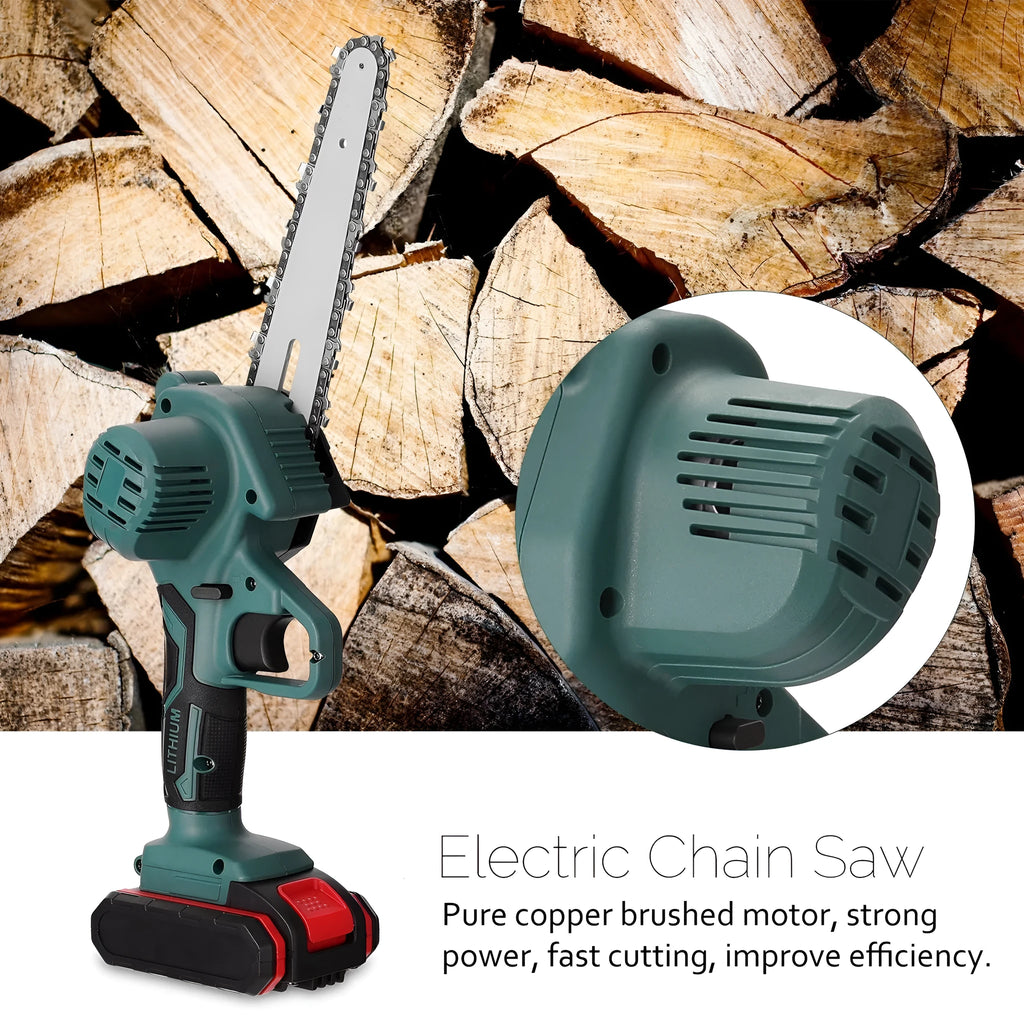 Black mini electric chainsaw with 4-inch guide bar held in one hand, showing compact size.