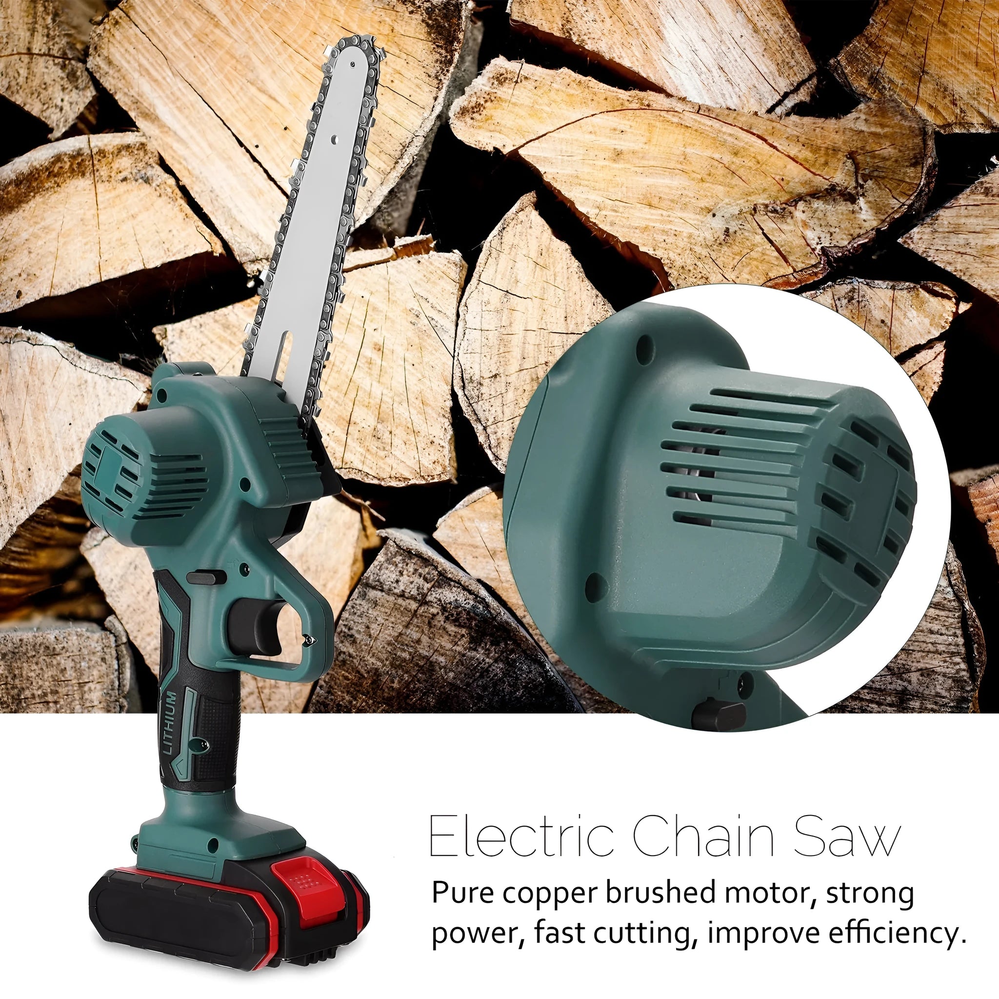 Black mini electric chainsaw with 4-inch guide bar held in one hand, showing compact size.