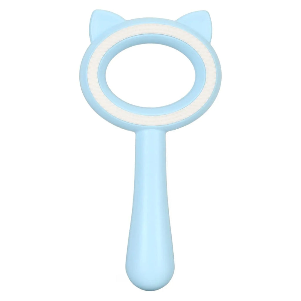 Blue and white double-sided pet grooming brush with comfortable handle for cats and dogs