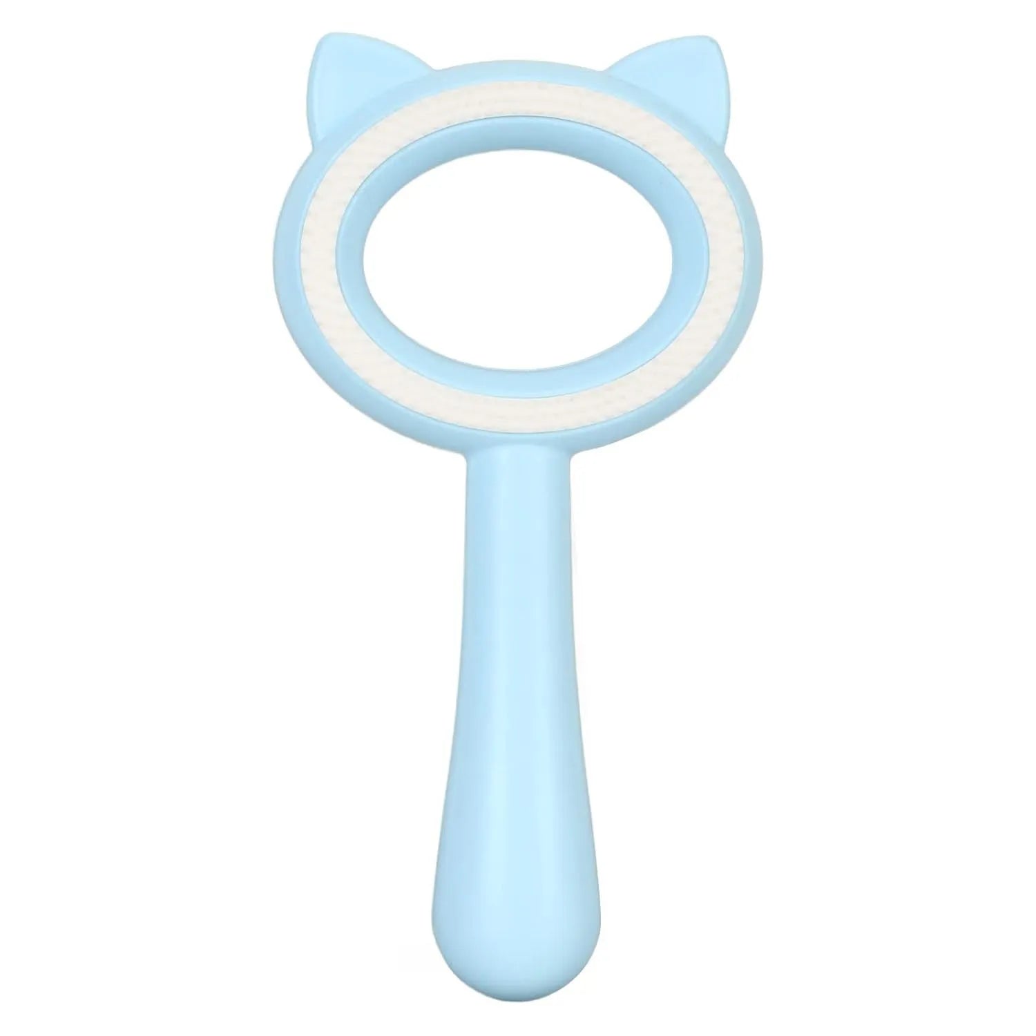 Blue and white double-sided pet grooming brush with comfortable handle for cats and dogs