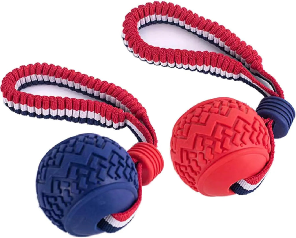 Blue dog toy with a textured rubber ball attached to a rope for tug-of-war and chewing