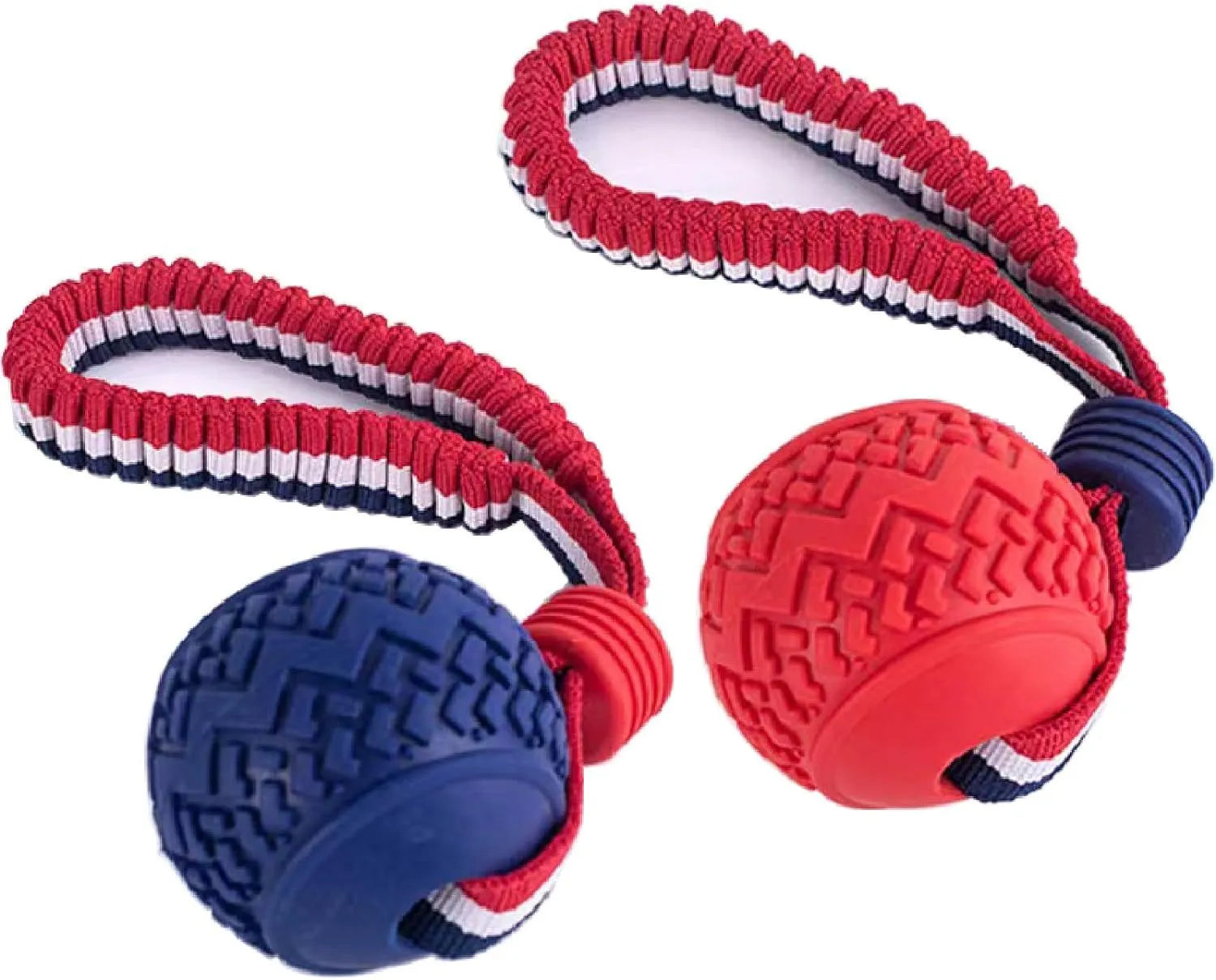 Blue dog toy with a textured rubber ball attached to a rope for tug-of-war and chewing