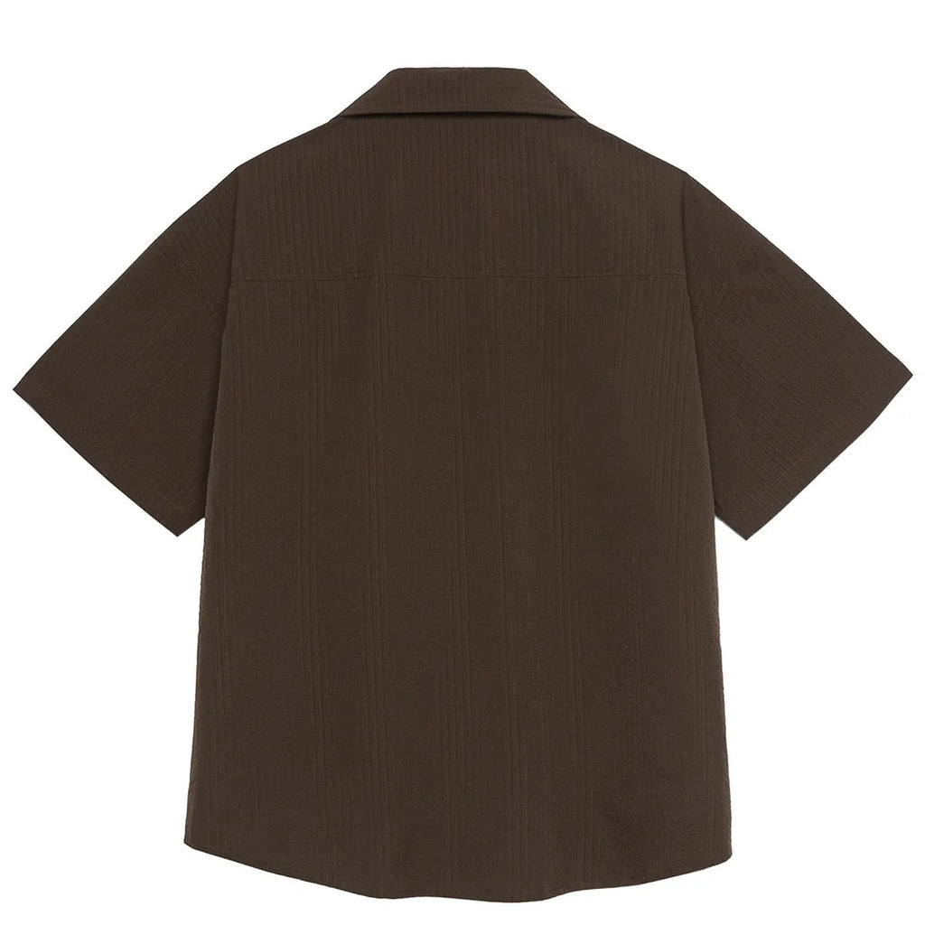 Brown striped Cuban collar short sleeve shirt for outdoor camping.