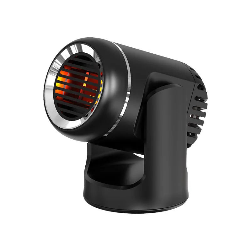 Black and white 12V portable car heater with defrosting and cooling functions, showing dimensions.