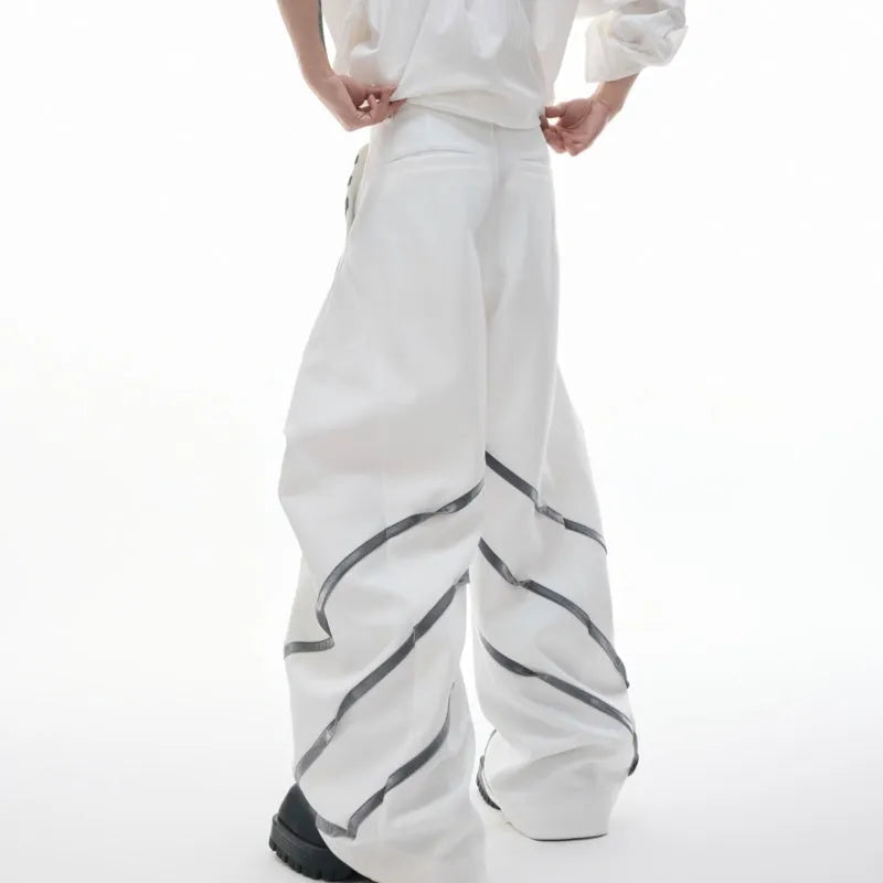 Men's polyester trousers with metal striped rivet pleats and three-dimensional cutting in black or white