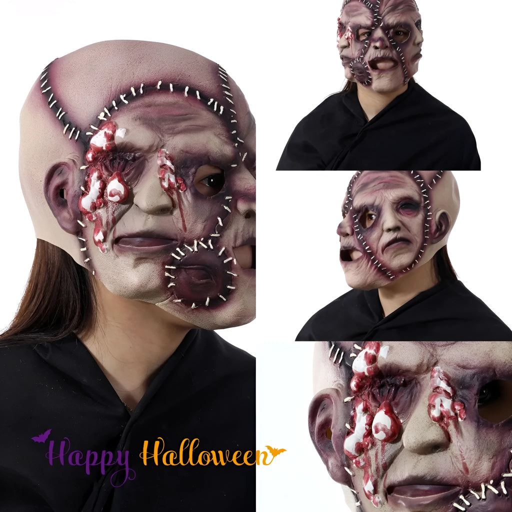 Three-sided grimace horror mask showing realistic facial texture made from natural latex