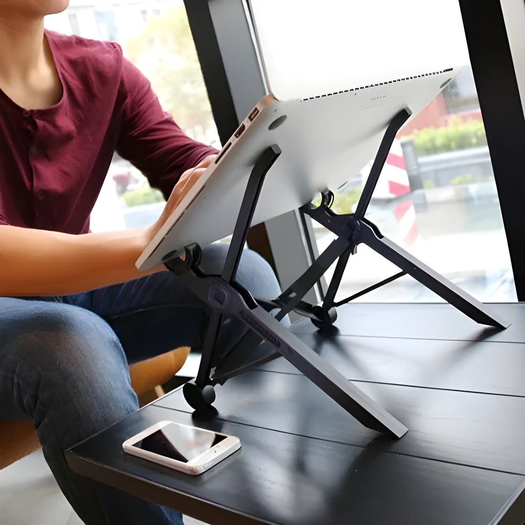 Sagacious black portable folding laptop bracket with enhanced nylon construction showing folded and unfolded positions