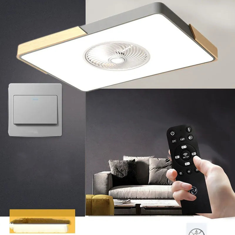 Nordic style ceiling fan with light and solid wood blades in rectangular, round, or square shapes.