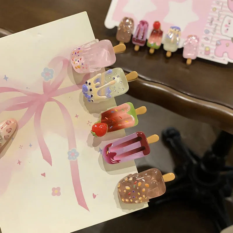 Resin hair clip barrette with cartoon ice cream decoration in sweet girl style.