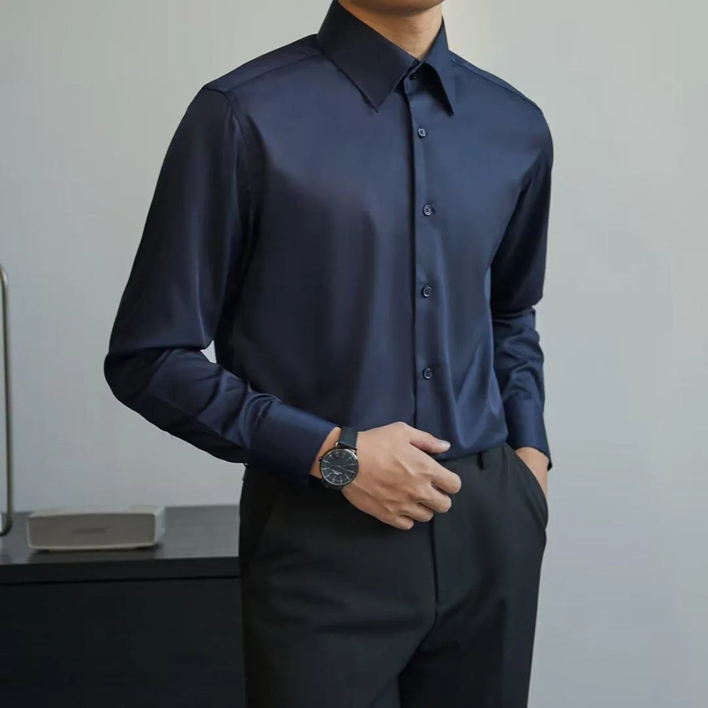 Men's black loose cardigan shirt with long sleeves in Korean slim fit style