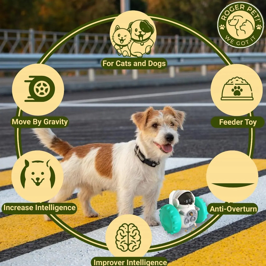 Robot-shaped interactive treat dispenser toy for small dogs and cats with self-balancing tumbler design