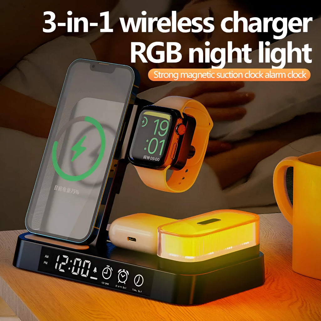 White 4-in-1 wireless charging station with foldable phone stand, LED clock display, and Apple Watch cable.