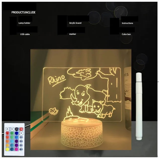 3D acrylic message board night light with remote control and stylus on wooden desk