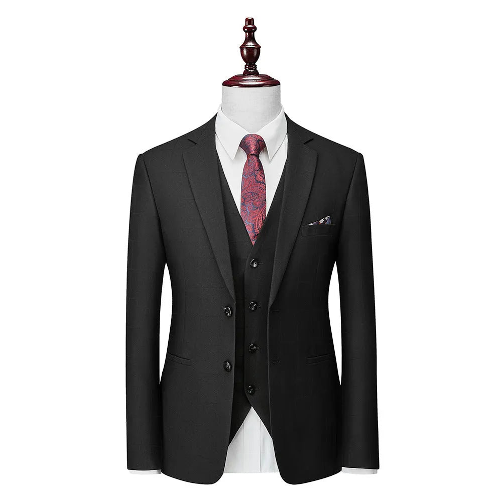 Men's navy blue slim fit three-piece suit with vest on hanger