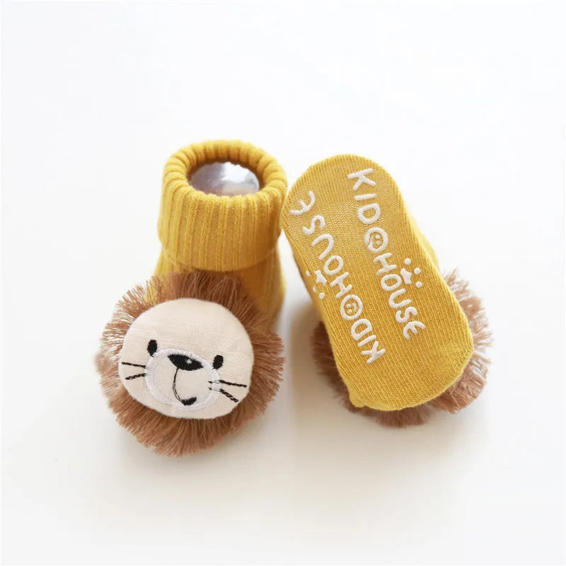 Cotton baby socks with non-slip soles in animal and bow patterns for infants 0-3 years