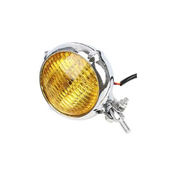 Black retro motorcycle headlight with 8 cm diameter lens and cast aluminium housing