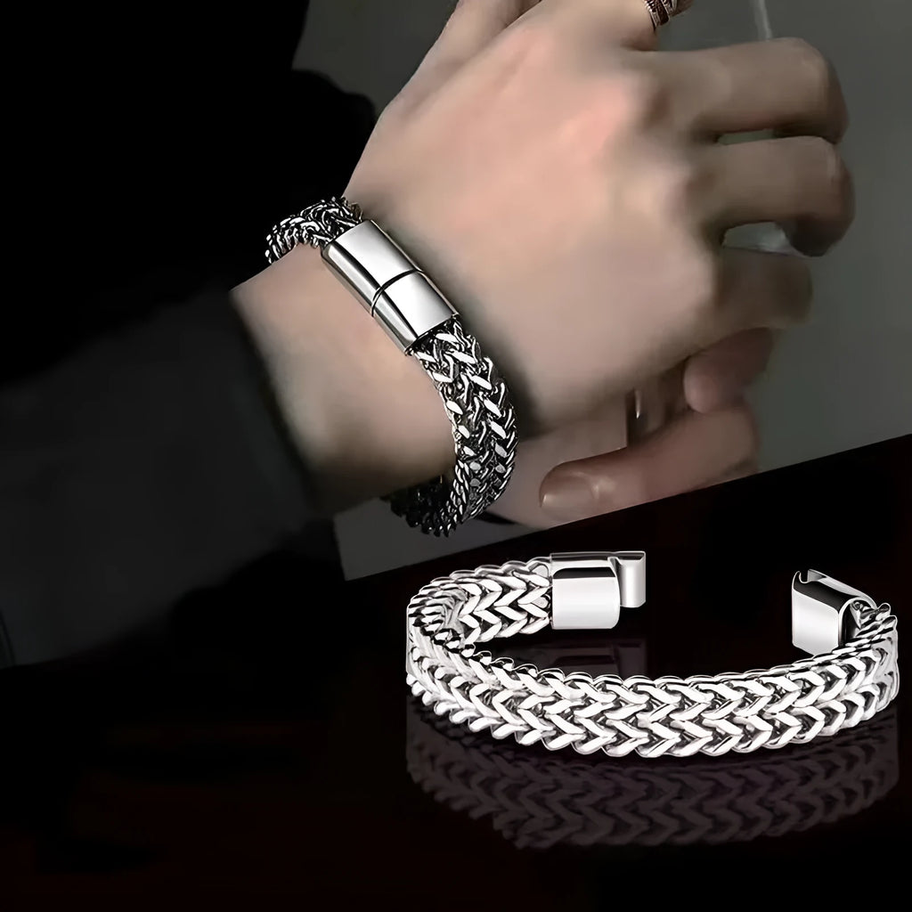 Silver titanium steel men's geometric hip hop bracelet shown on a wrist.