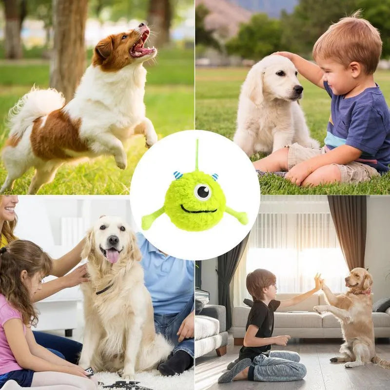 Green interactive dog toy ball with sound activation feature for teething and teeth cleaning