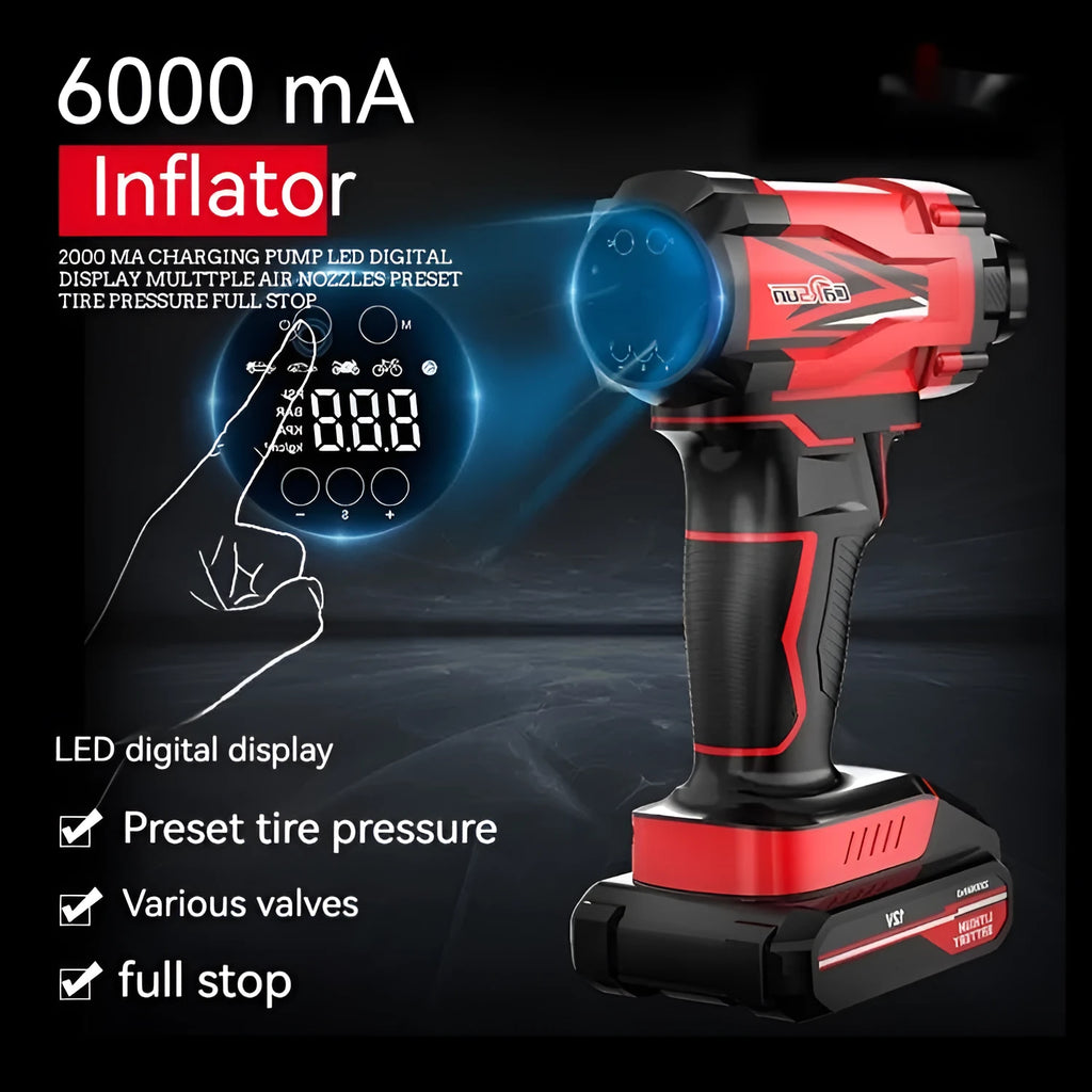 Red and black portable car tyre inflator with wireless charging and 12V cigarette lighter connection