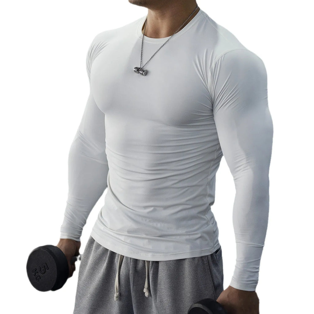 Men's white slim-fit long sleeve fitness top for running and sports activities