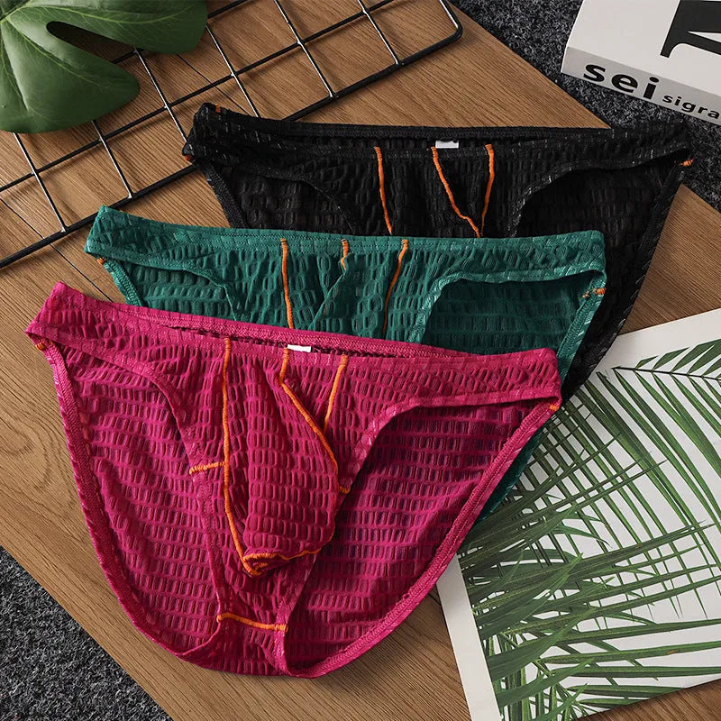 Men's ice silk lace low waist briefs on a white background, shown in multiple colour options.