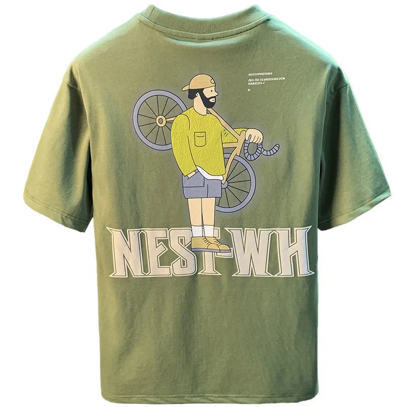 Green men's loose fit T-shirt with printed design on front, short sleeves