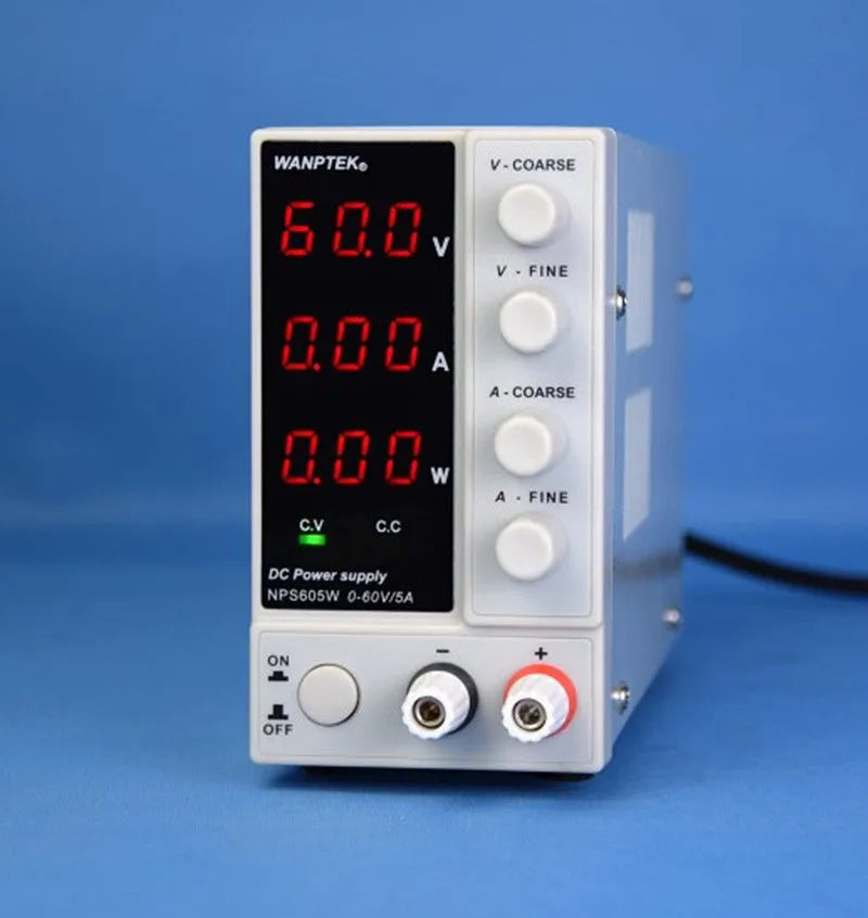 White adjustable DC power supply with voltage and current controls for electronics repair