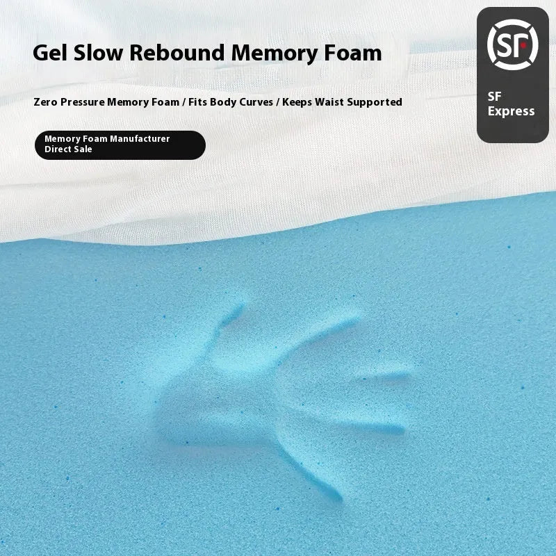 Thin gel memory cotton mattress on a tatami mat showing 2cm, 3cm, and 5cm thickness options.