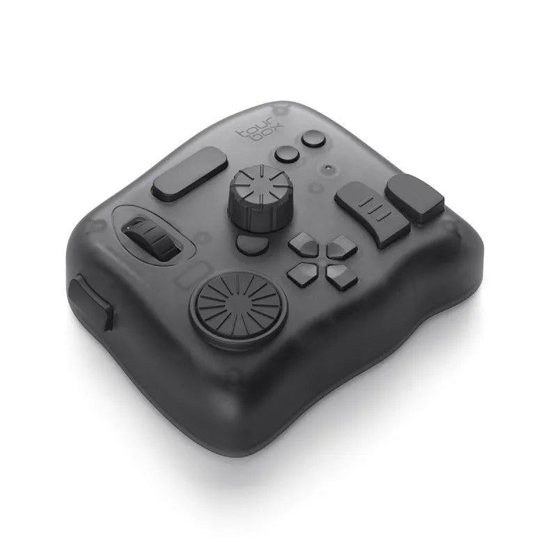 TourBox NEO auxiliary keyboard for video editing, showing dials and buttons on a black PC+ABS body.