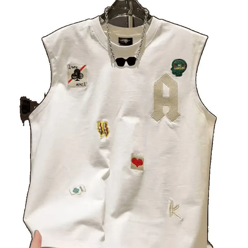 Men's white cotton sleeveless vest t-shirt with cartoon graphic print, loose fit, front view