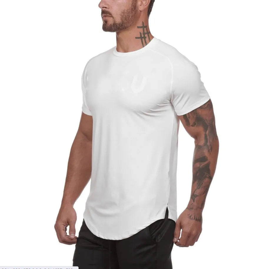 Plain men's gym shirt in cotton-spandex blend on a hanger, shown in army green colour.