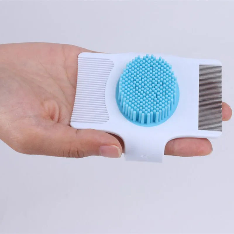 Blue multifunctional pet grooming comb with floating hair removal and massage bristles measuring 8.5cm