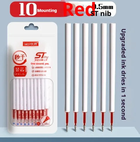 Pack of ten quick-drying gel pen refills in black, red, blue, and ink blue colours.