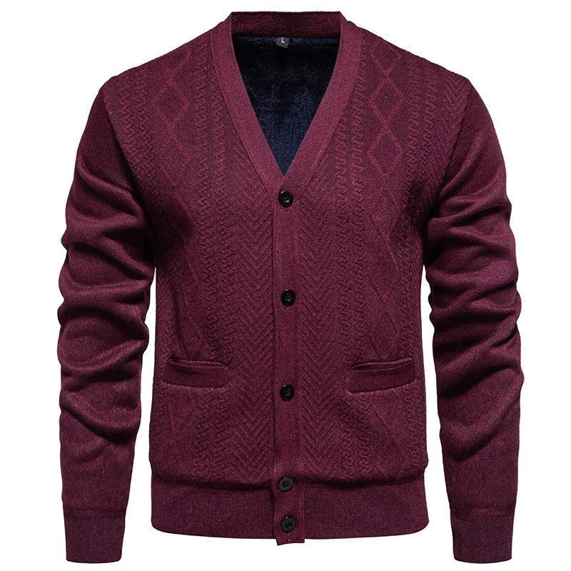 Men's brown striped cardigan sweater with long sleeves and a wool lining.
