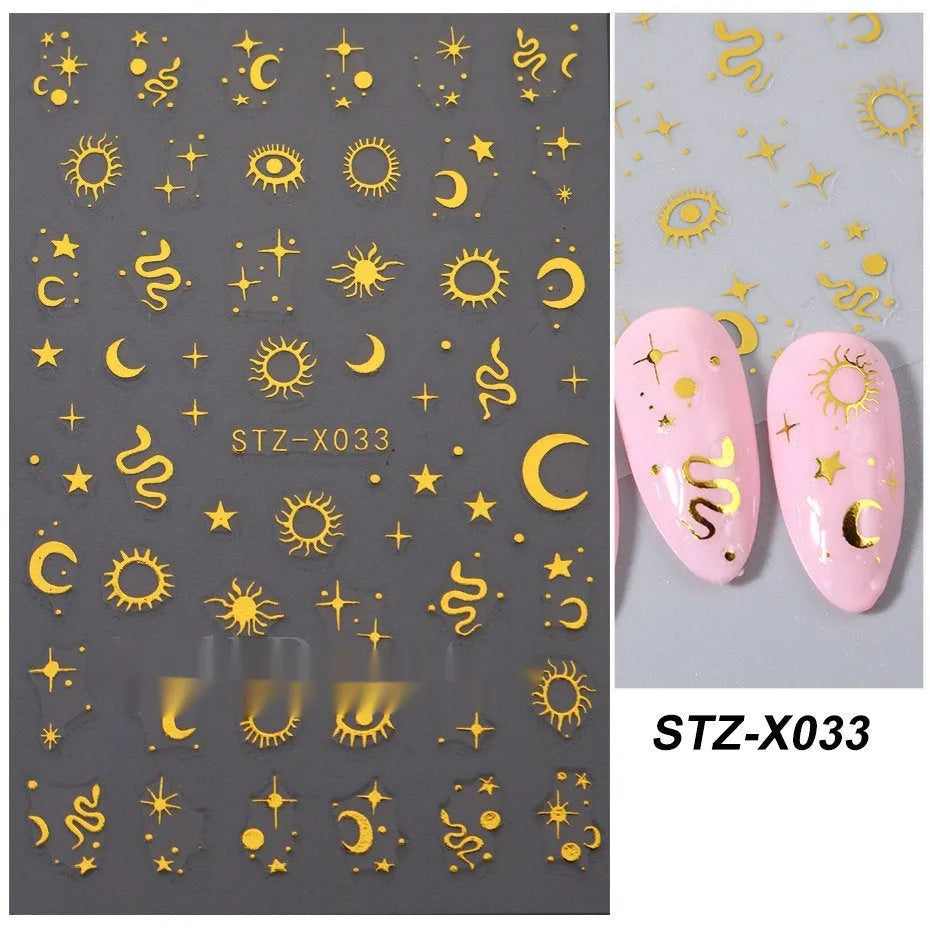 Cartoon style nail stickers sheet with black and silver striped love heart designs.