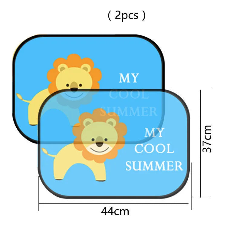 Pair of electrostatic cling animal-themed car sunshades made from nylon mesh for side windows.