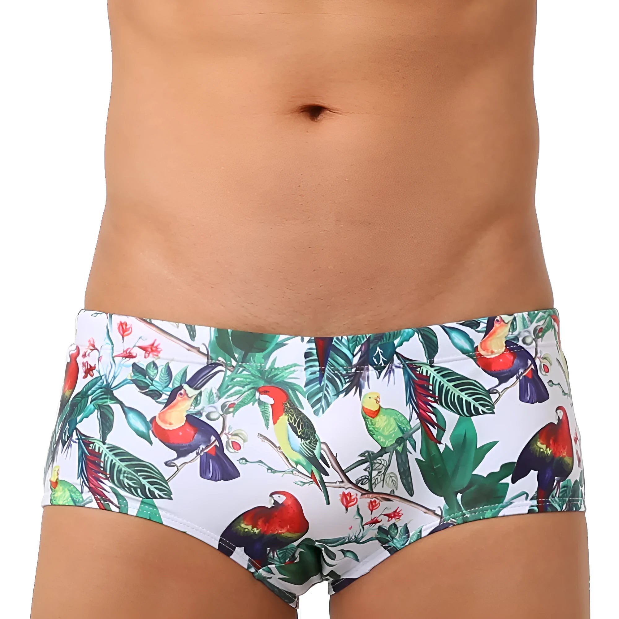 Men's navy swim trunks with colourful flower and bird print pattern, boxer style