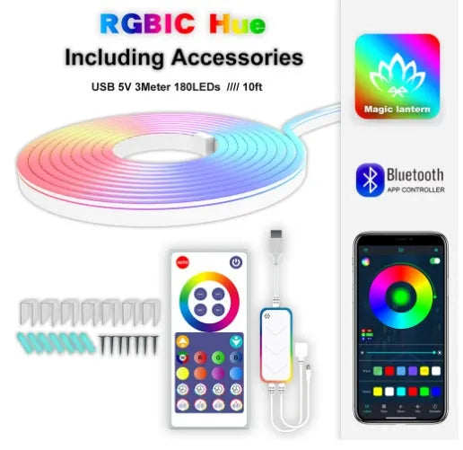3 metre RGB magic colour neon light strip with remote control and USB connection