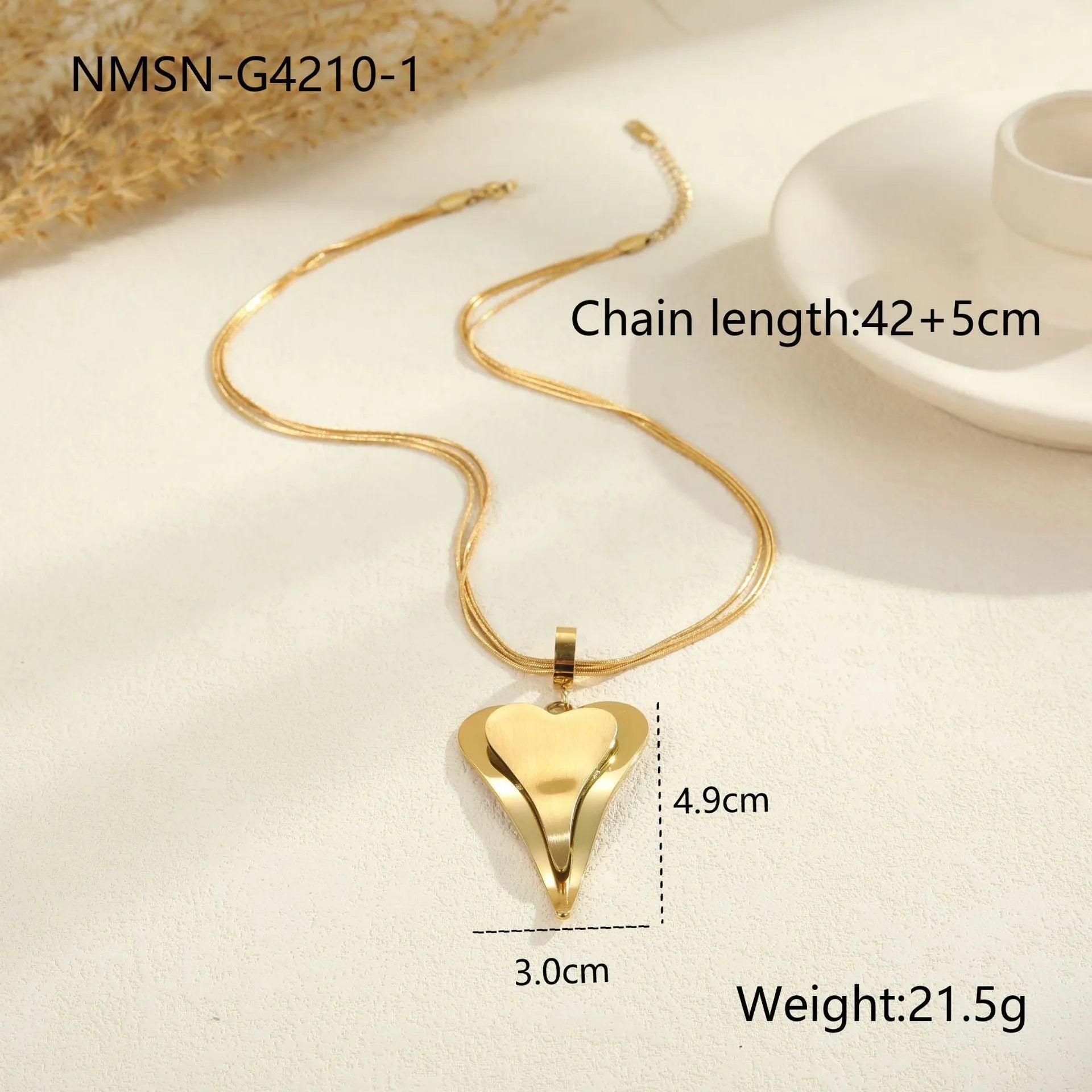 Women's stainless steel necklace with geometric pendant on double heart snake bones chain