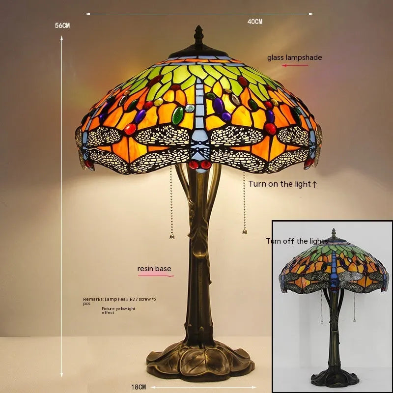Tiffany style dragonfly stone table lamp with blue or green glass pattern and stone base for bedroom living room