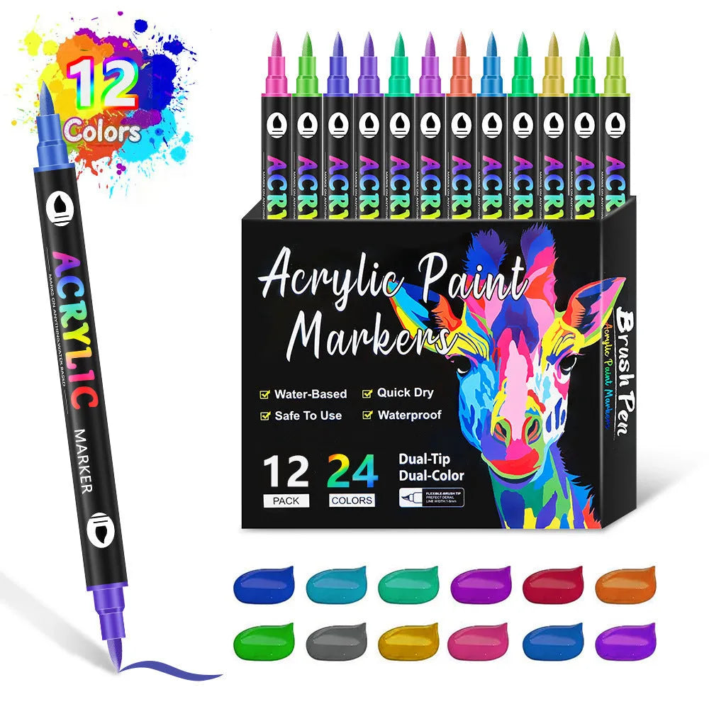 Set of double-headed acrylic marker pens with vibrant, opaque, washable ink in a carrying case.