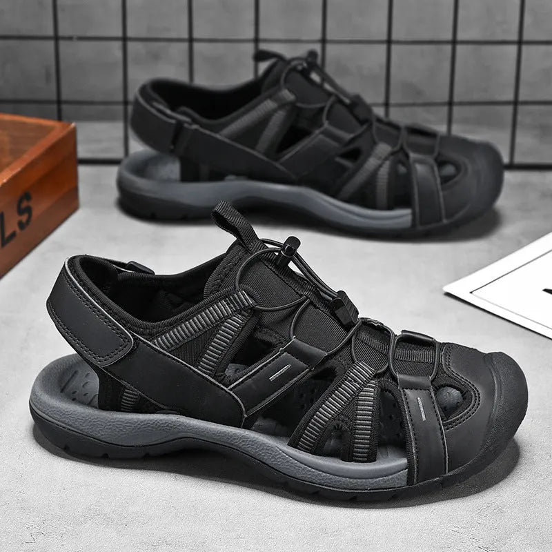 Men's blue and black summer casual shoes with mesh upper, rubber sole, and Velcro strap.